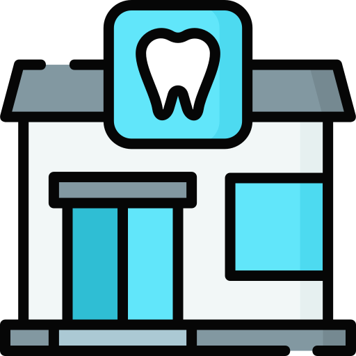 The image depicts a dental clinic building featuring a tooth symbol on the sign, with blue accents and a welcoming entrance.