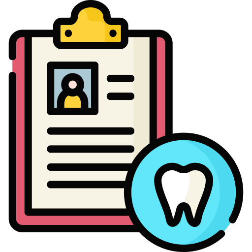 The image features a clipboard with a person’s profile and dental information, alongside an icon of a tooth, symbolizing dental records or patient information.