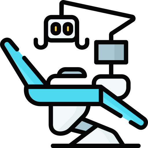 The image depicts a cartoon-style dental chair with a robotic arm and monitoring equipment, typically found in a dental office setting.