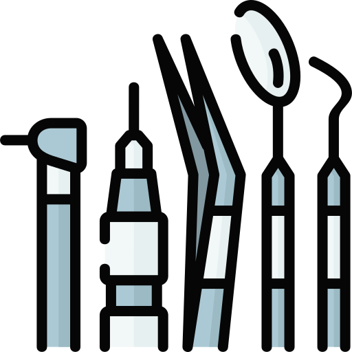 The image features various dental tools, including a probe, scaler, and mirror, typically used for dental examinations and procedures.