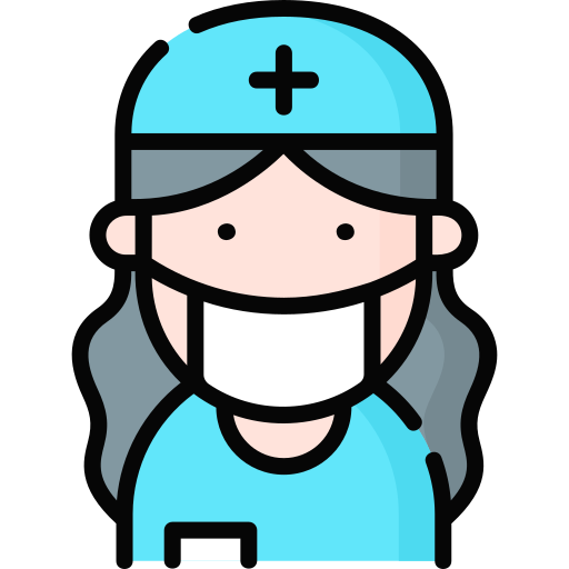 The image depicts a cartoon-style healthcare worker with a surgical mask and cap, symbolizing care and professionalism in the medical field.