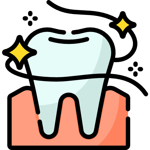 The image features a cartoon-style tooth with shining accents, positioned above a pink gum line, symbolizing dental health and cleanliness.